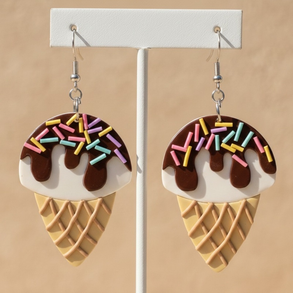 Sprinkled Chocolate Drizzle Ice Cream Earrings - Handmade - Hypoallergenic